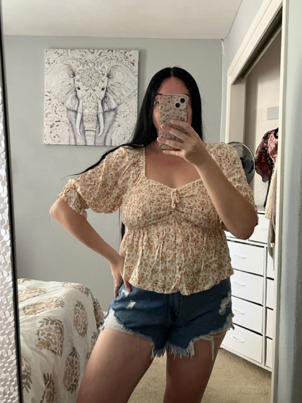 Arizona Jean Company Cream Smocked Yellow Floral Peplum Puff Sleeve Top L Large